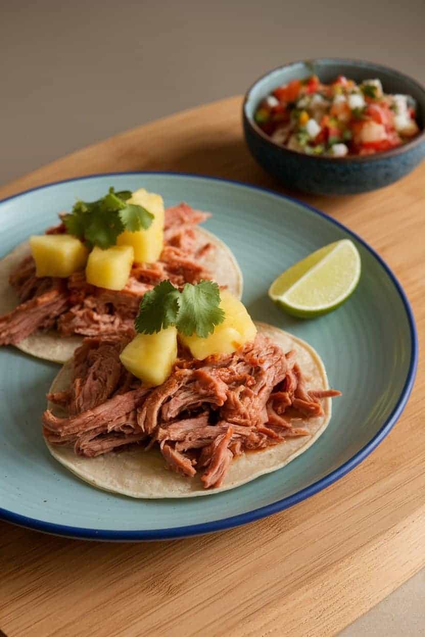 Indoor shot of shredded pork on corn tortillas topped with pineapple chunks and cilantro. No branding in view.