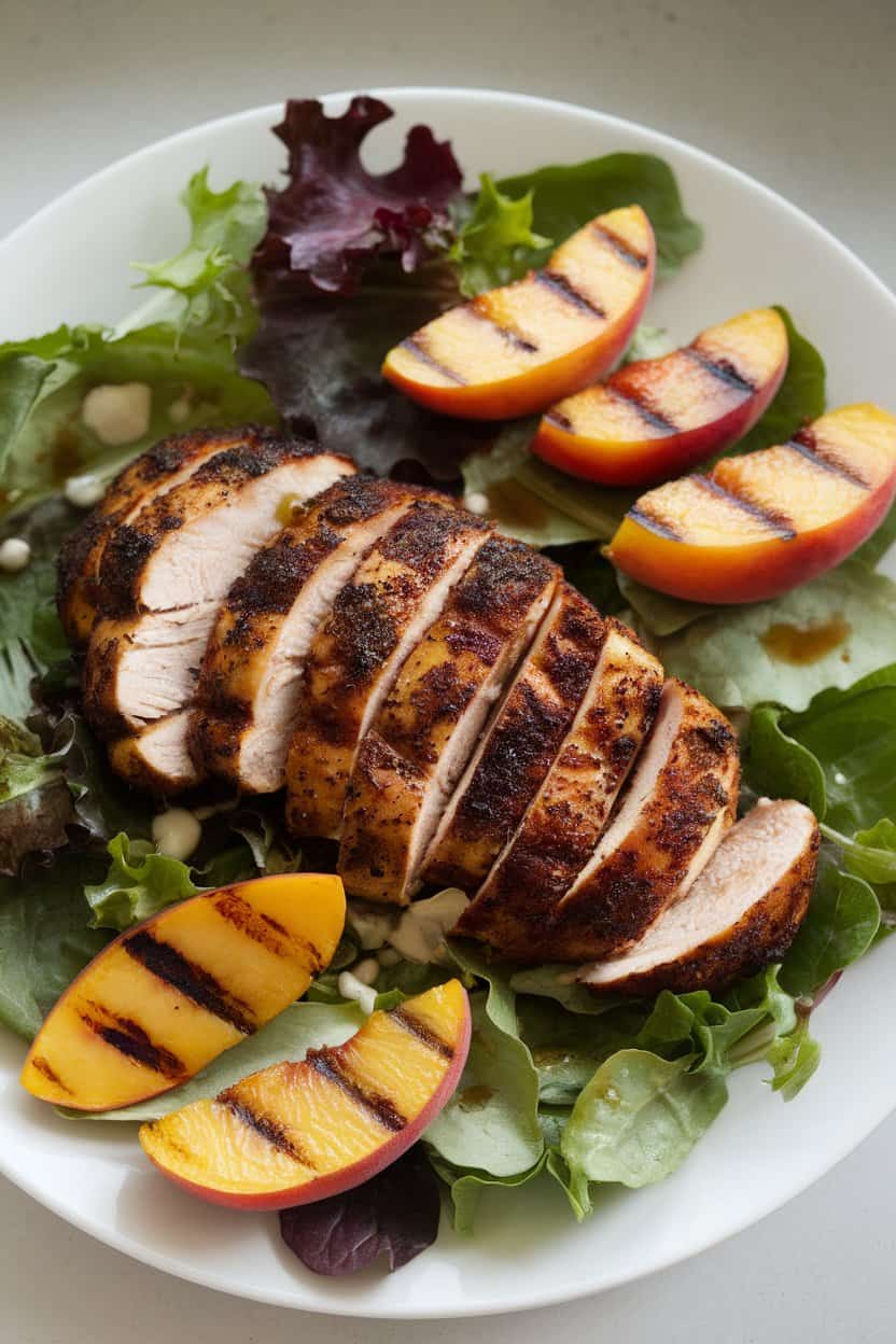 Indoor shot of sliced blackened chicken breast with grilled peach wedges over mixed greens, lightly drizzled with vinaigrette. No logos.