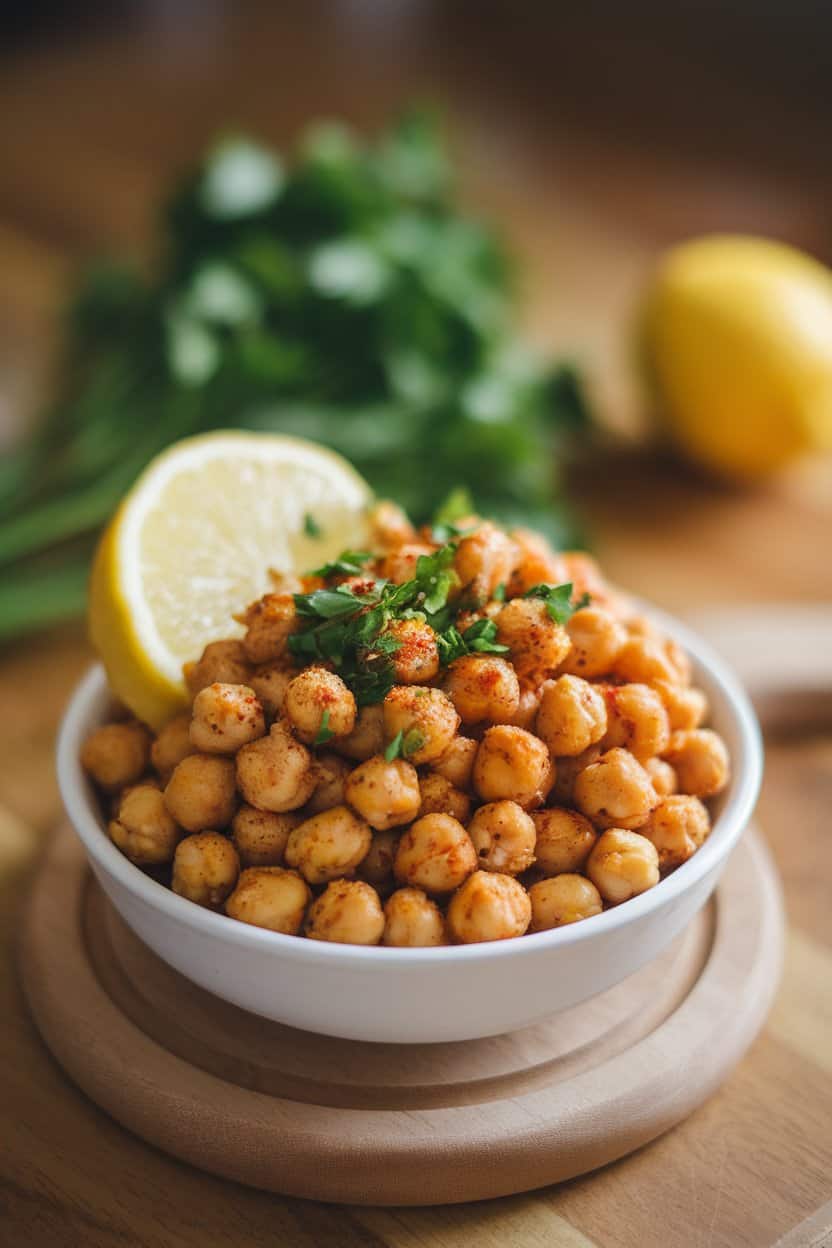 Indoor tabletop shot of a bowl of seasoned chickpeas garnished with chopped parsley and a lemon wedge. No text or logos present.
