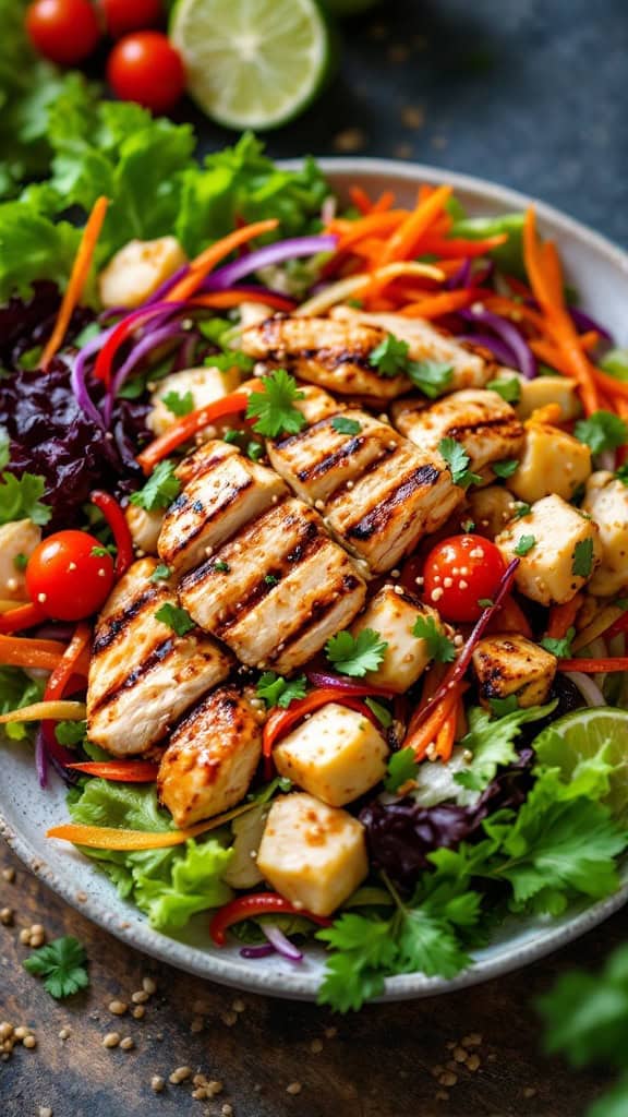 A vibrant Asian-inspired grilled chicken salad with colorful vegetables and grilled chicken slices.