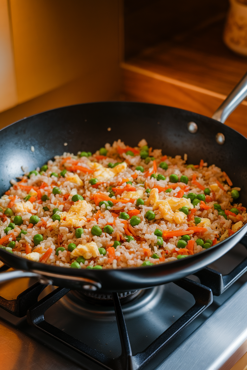 An indoor stovetop shot of a wok filled with colorful vegetable fried rice—peas, carrots, and scrambled egg visible—under warm lighting. No text or logos in the frame.