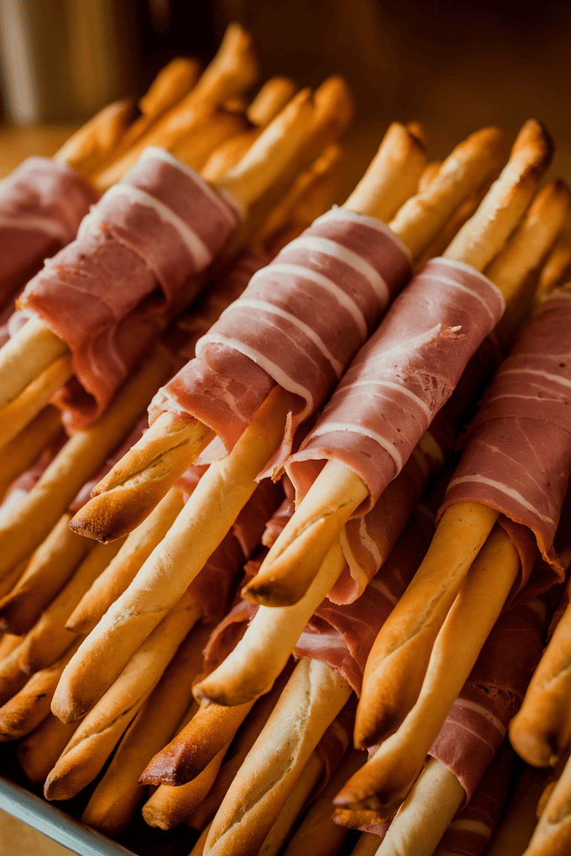 An indoor tray showing thin breadsticks wrapped with strips of turkey ham, ends slightly crisped. Warm indoor lighting; no logos or text; photo not illustration.