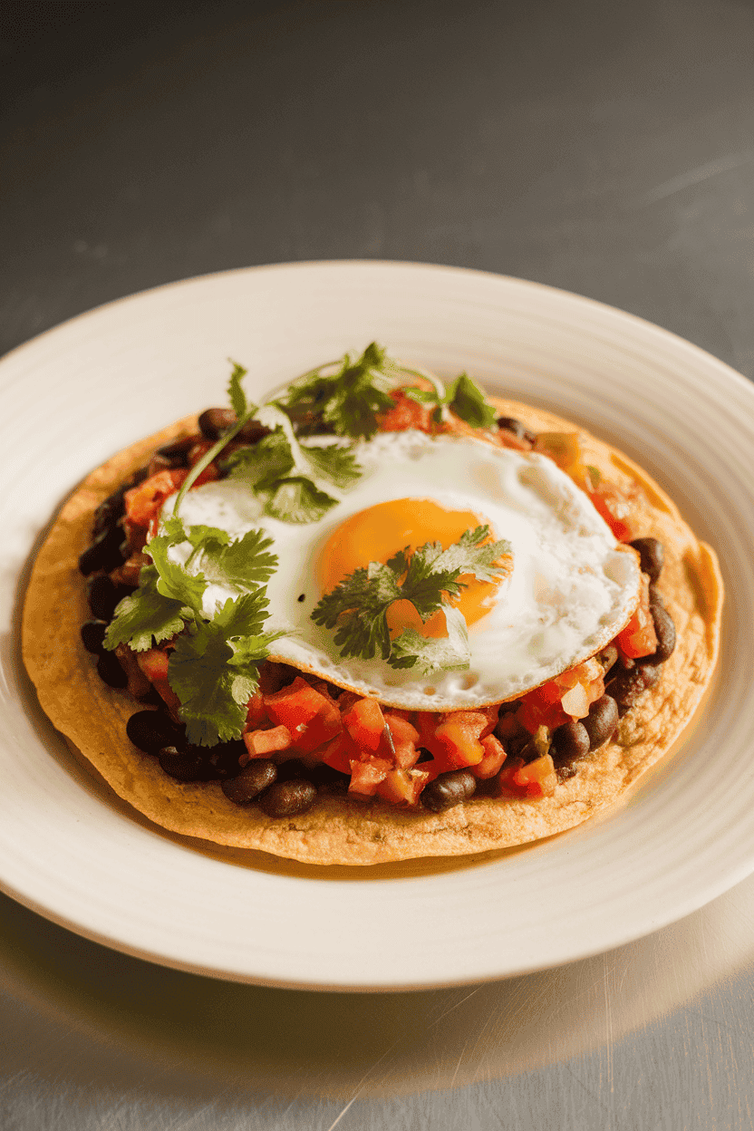 An indoor plate showing a corn tortilla topped with black beans, tomato salsa, and a fried egg, garnished with cilantro; no branding, warm diffuse lighting. Photo, not illustration.