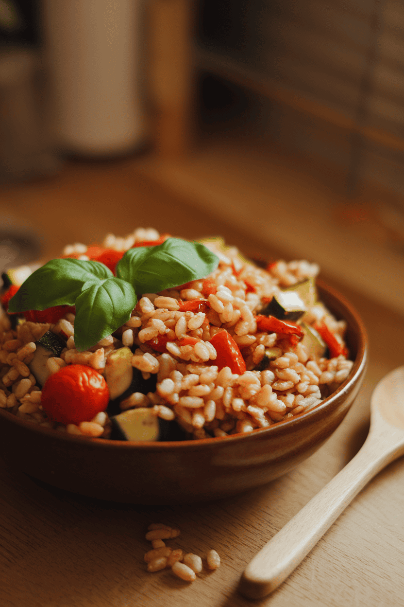 Warm indoor tabletop scene of a bowl filled with chewy farro tossed with roasted zucchini, red peppers, and cherry tomatoes, basil leaves scattered on top. No logos or text.