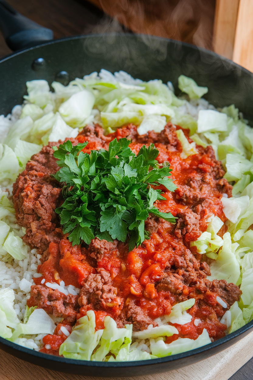 Indoor photo of a skillet showing chopped cabbage, rice, tomato sauce, and ground beef cooked together, steam visible. No text or logos.