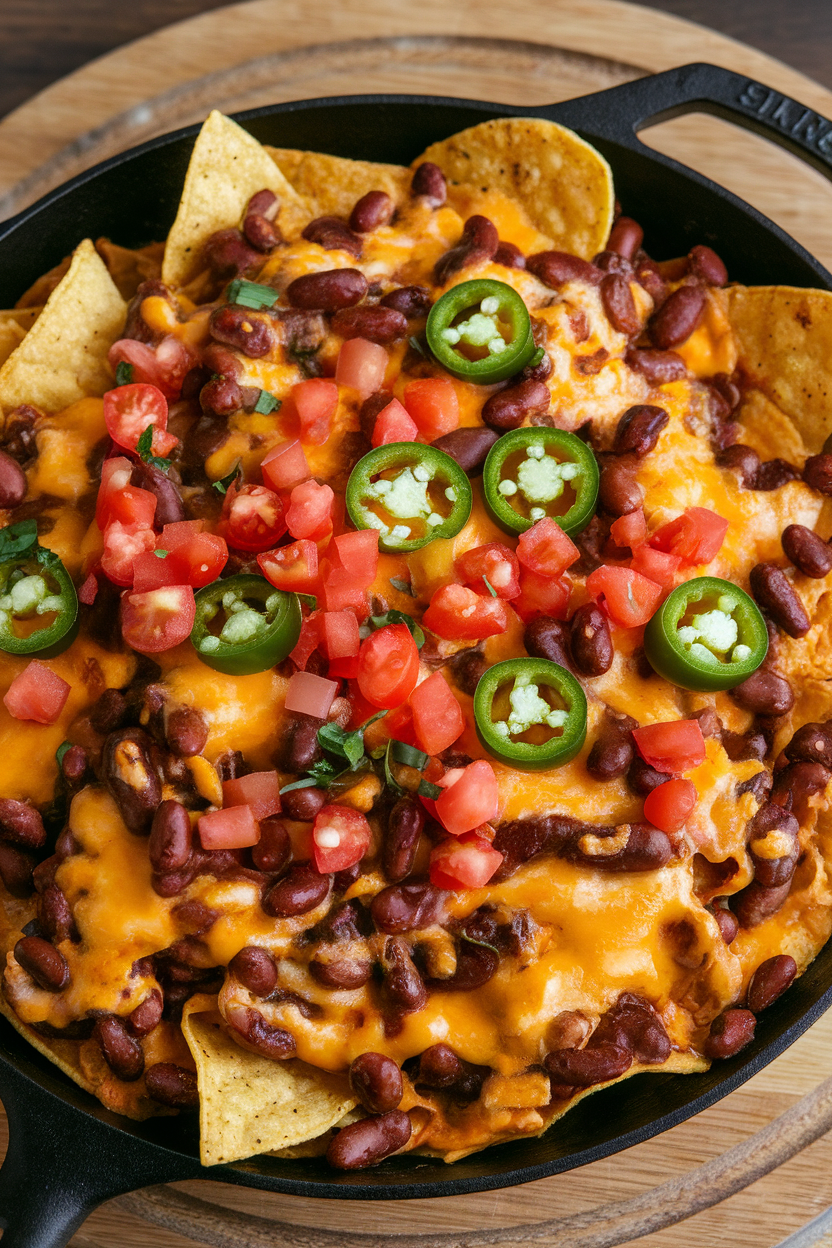 Indoor photo of a skillet piled high with baked nachos—golden chips, melted cheese, beans, jalapeños, and diced tomatoes—all bubbly and fresh from the oven. No logos or text present.