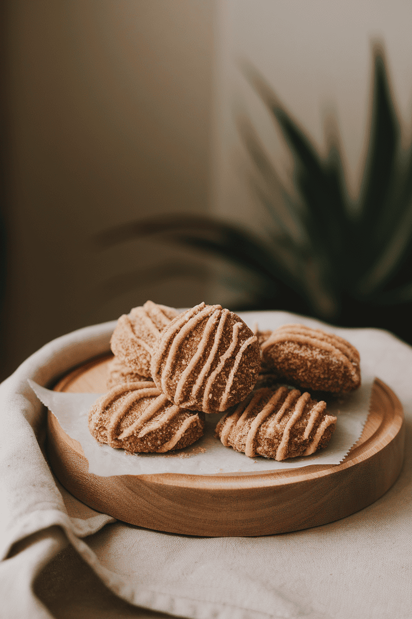 Indoor photo of cinnamon-sugar coated cookies with a subtle ripple of toasted coconut on a wooden board, soft side lighting, no text or logos