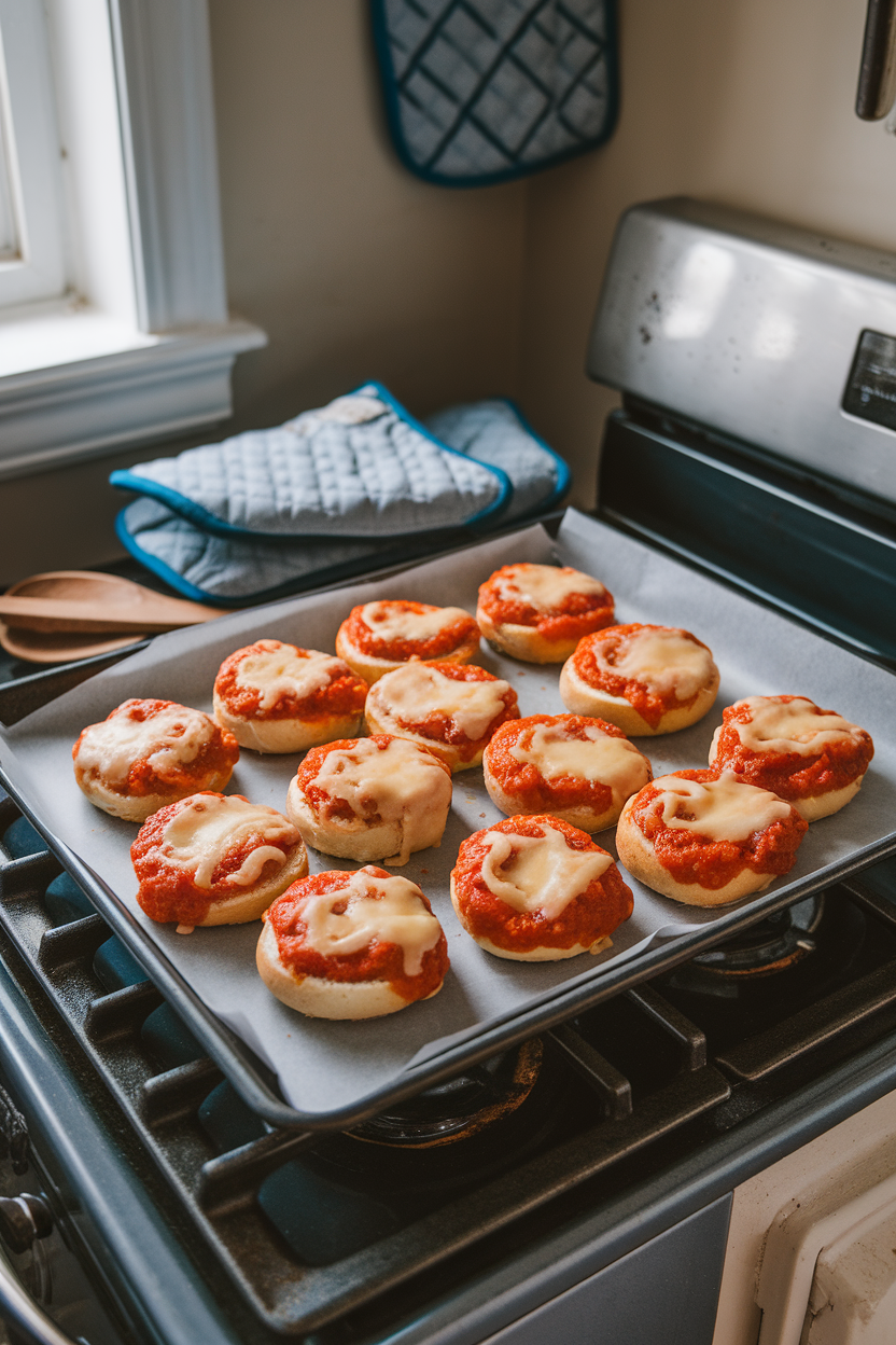 A baking sheet on an indoor stove lined with mini bagel halves topped with melted cheese and tomato sauce, no text or logos.
