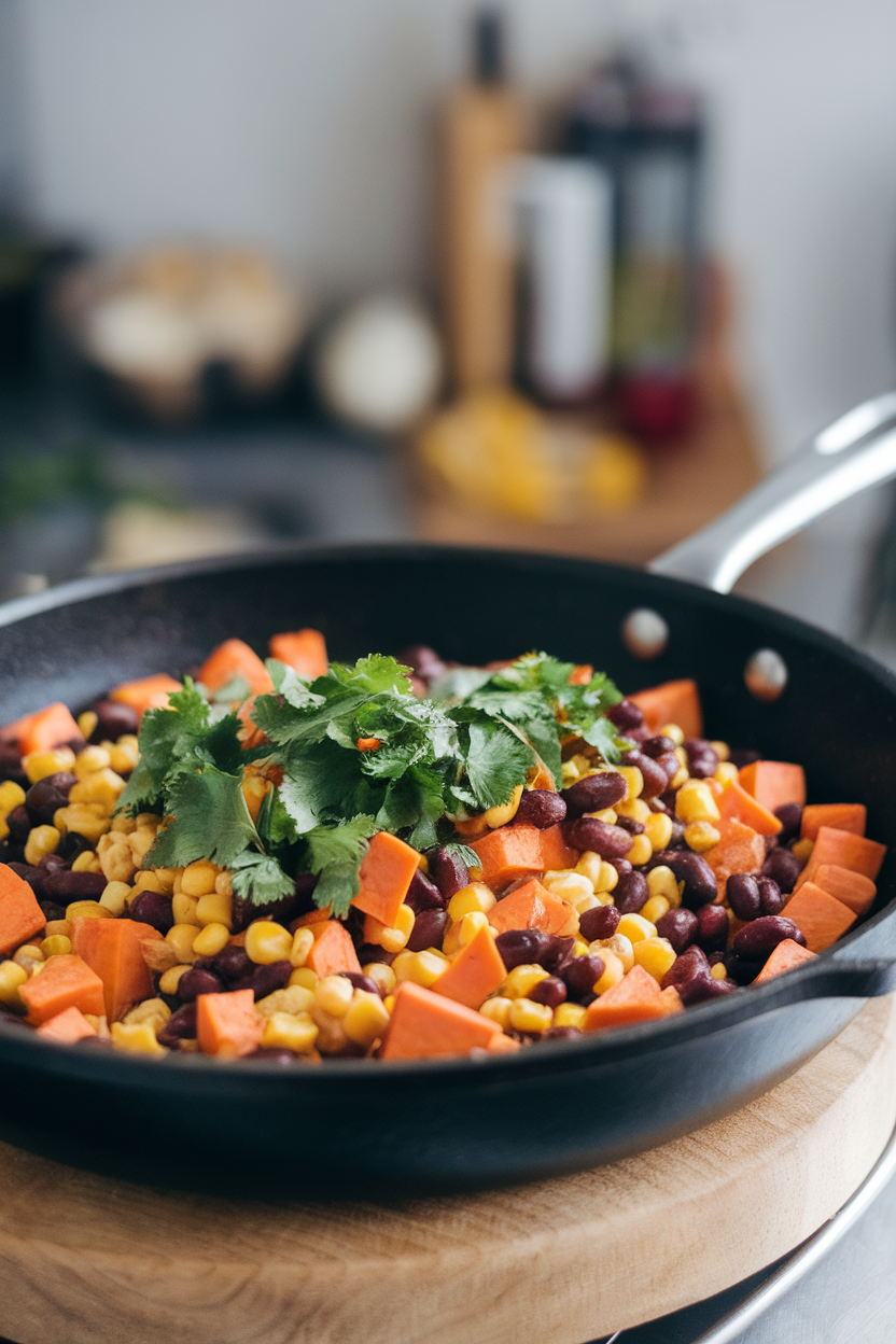 Indoor photo of a skillet filled with diced sweet potatoes, black beans, and corn topped with chopped cilantro. No text or logos.