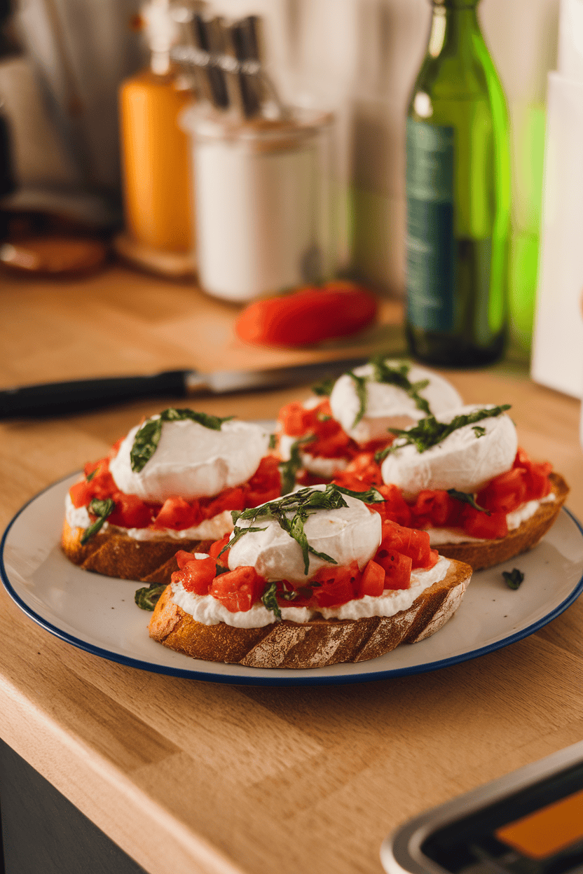 An indoor kitchen counter featuring toasted baguette slices topped with creamy burrata, diced tomatoes, and basil chiffonade. No logos or text.
