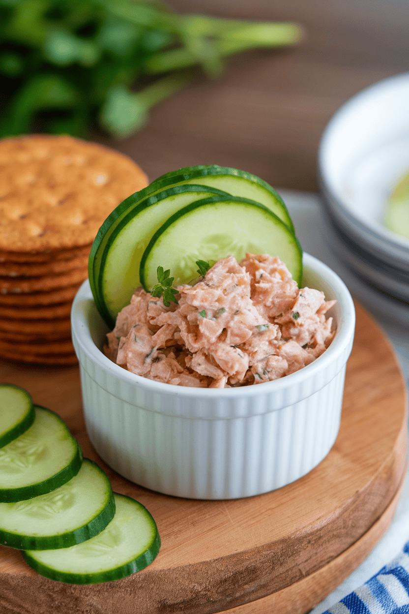 An indoor tabletop scene showing a small ramekin of tuna salad made with Greek yogurt, cucumber coins arranged in a spiral, and a stack of whole-grain crackers; no text or logos; photo only.