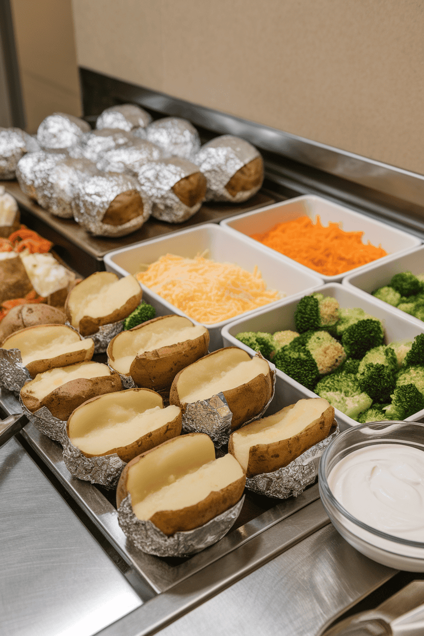 Photo of an indoor buffet layout with halved baked potatoes wrapped in foil, bowls of shredded cheese, steamed broccoli florets, and sour cream lined up neatly, no text or logos in view.