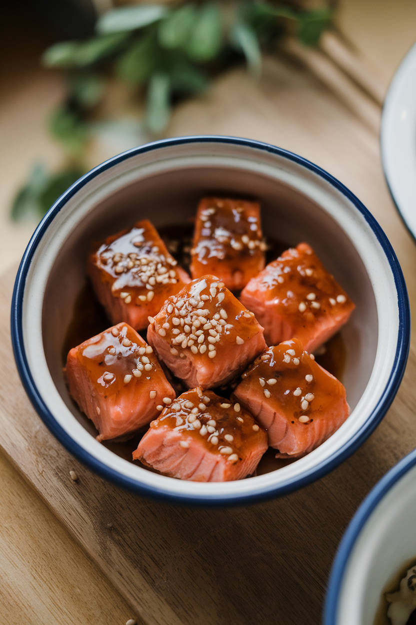 Photo of an indoor ceramic dish displaying bite-sized cubes of cooked salmon coated in a shiny maple-soy glaze, sesame seeds sprinkled on top. Slight overhead angle; no text or logos.