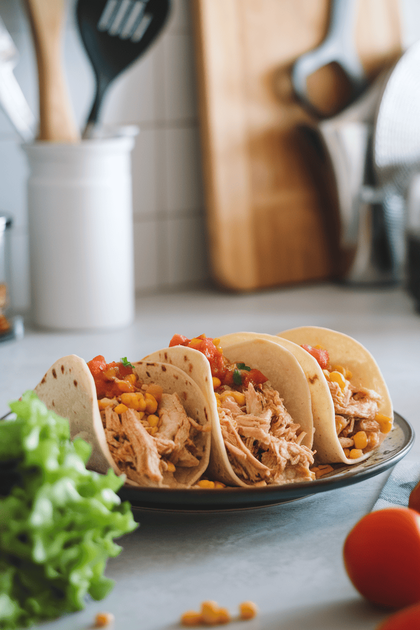 Photo of shredded cooked chicken tucked into soft tortillas with corn and salsa, plated on an indoor kitchen counter; no text or logos.