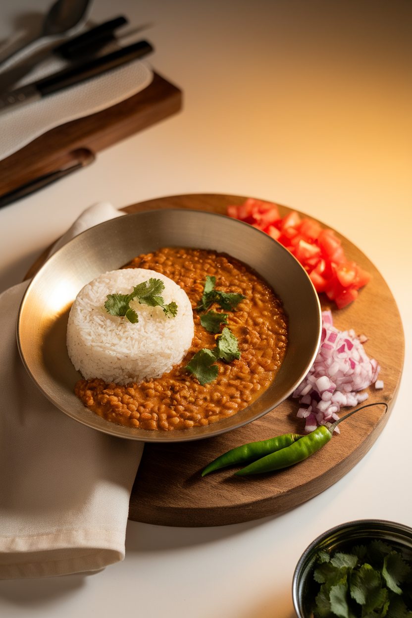 Indoor photo of a shallow bowl featuring golden lentil dal beside a mound of steamed white rice, both sprinkled with cilantro. Warm overhead lighting, no text or branding.