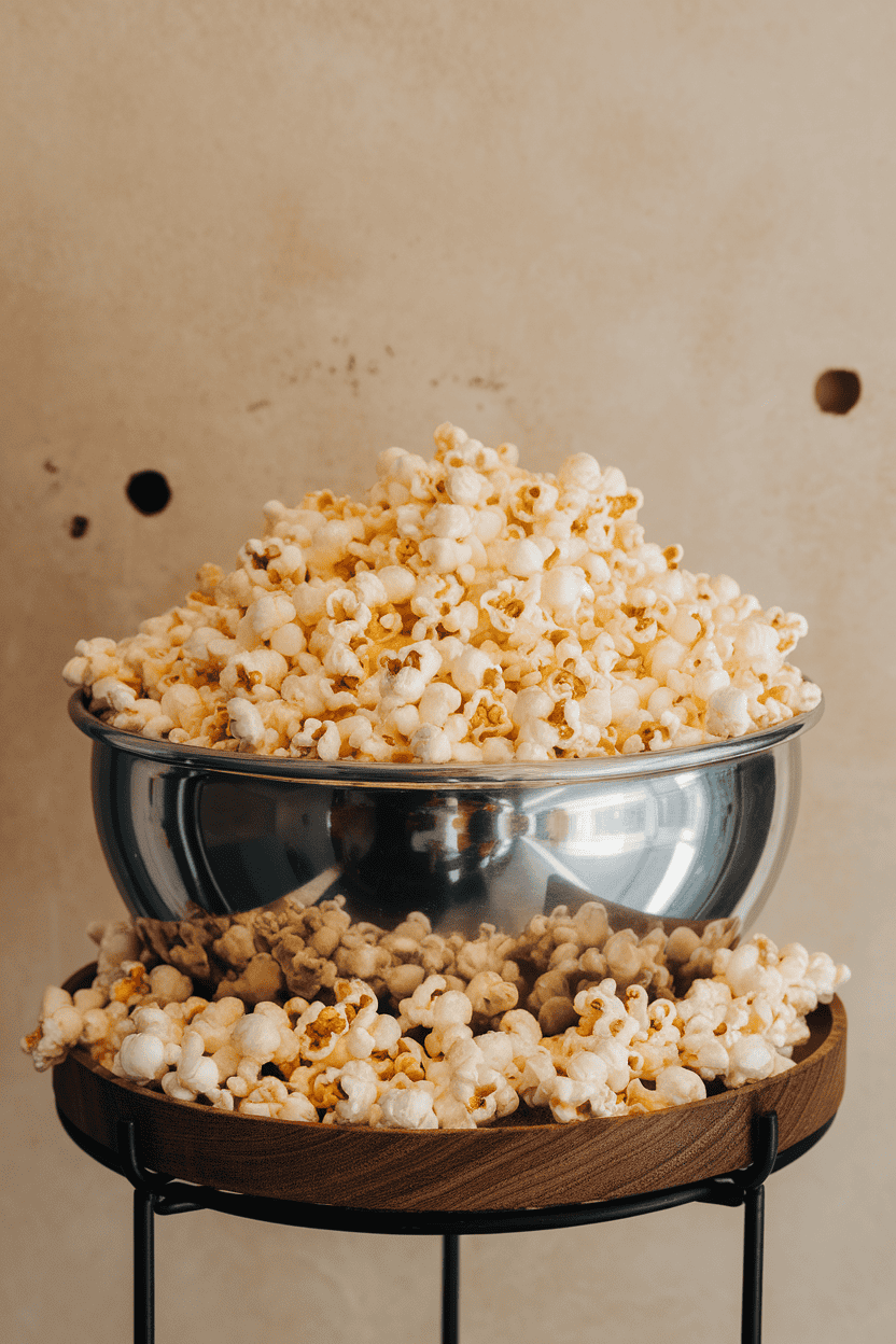 An indoor cinema-style metal bowl overflowing with freshly popped, butter-glossed popcorn. Photo, not illustration. No text or logos.