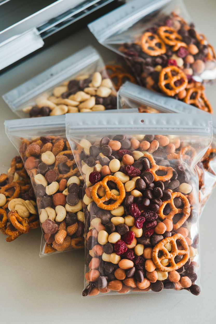 An indoor countertop dotted with several resealable snack bags filled with a colorful mix of peanuts, pretzels, dried cranberries, and chocolate chips. No text or logos.
