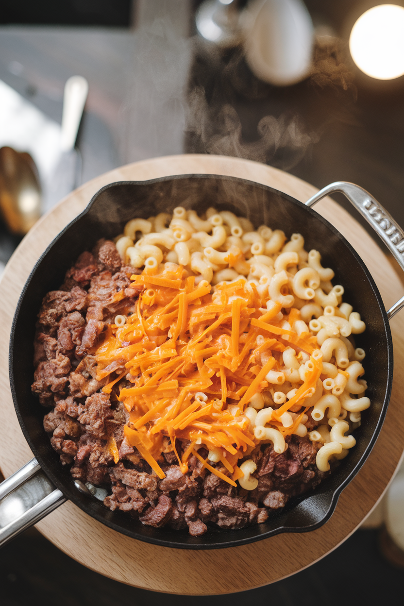 Overhead indoor photo of a skillet filled with elbow macaroni, browned beef, and melted cheddar cheese, steam gently rising. No brand names or text. Photo, not illustration.