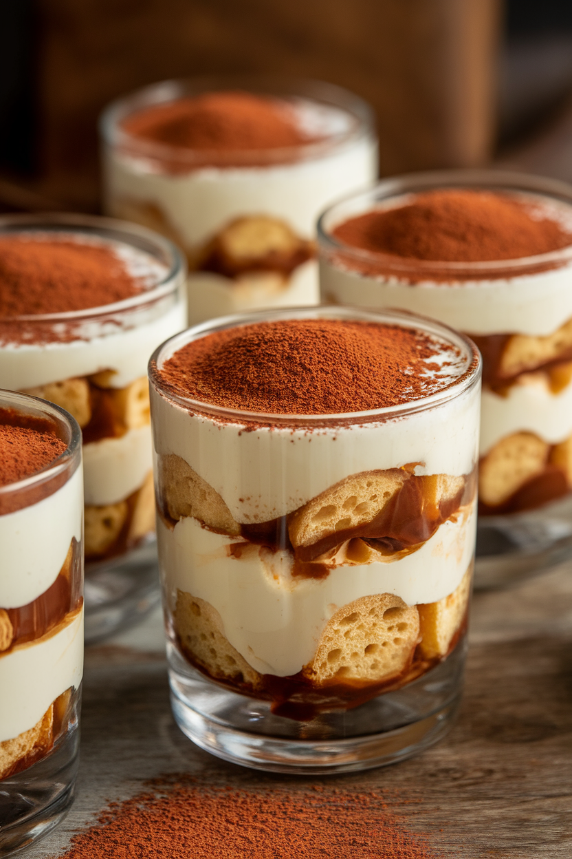 Indoor photo of layered tiramisu cups in clear glasses showing coffee-soaked ladyfingers and creamy topping dusted with cocoa; soft light; no text or logos. Photo, not illustration.