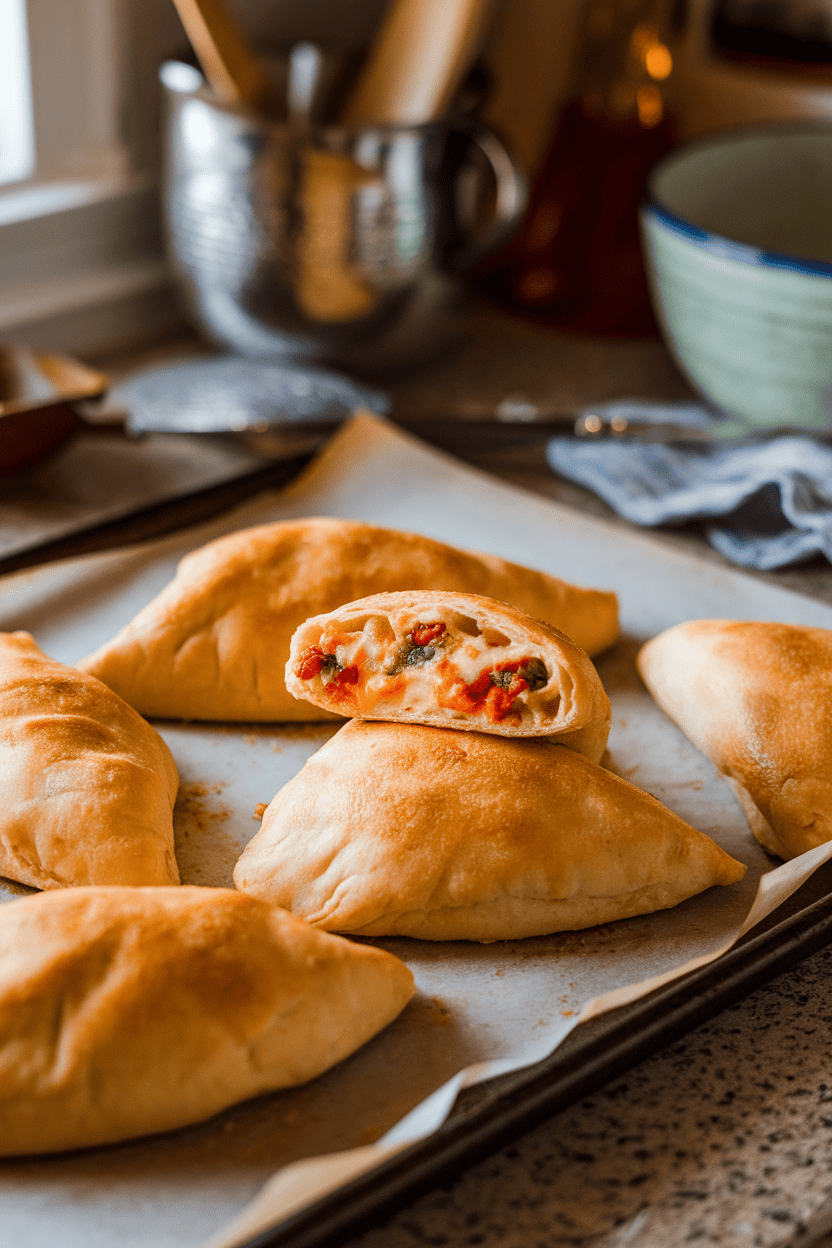 An indoor countertop with golden calzones cooling on a baking sheet, one cut in half revealing gooey cheese and veggies. No text or logos; photo, not illustration.