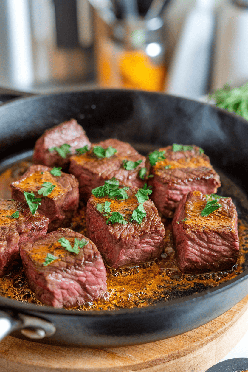 Photo of seared steak cubes glistening with Cajun butter and garnished with chopped parsley in a skillet indoors. No text or logos present.