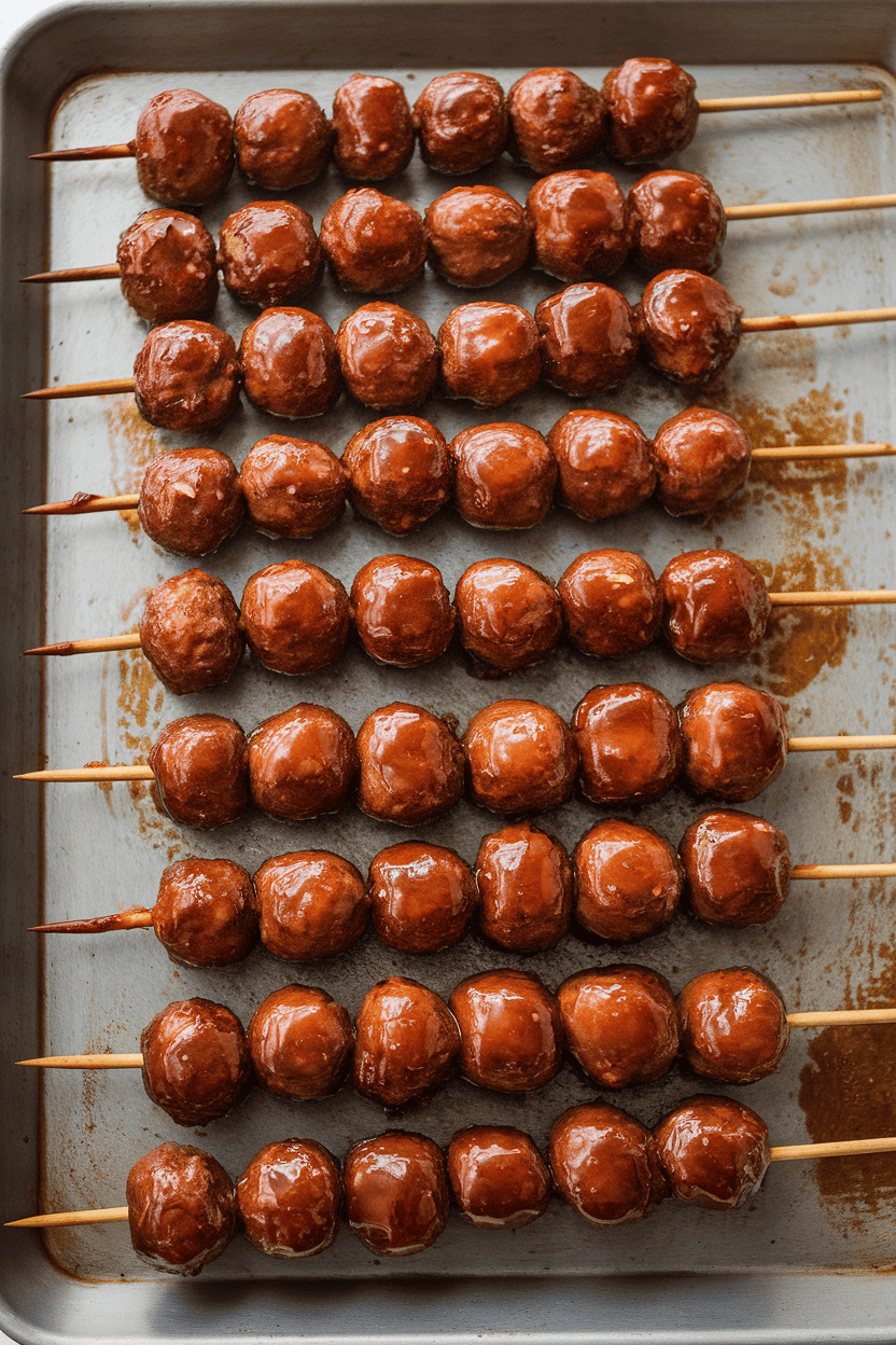 An indoor baking sheet holding rows of glazed meatball skewers, barbecue sauce caramelized, no text or logos.
