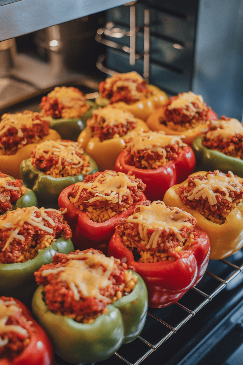 An indoor oven rack pulled out slightly to display colorful bell peppers stuffed with rice, meat, and tomato sauce, cheese melted on top. No text or logos visible.