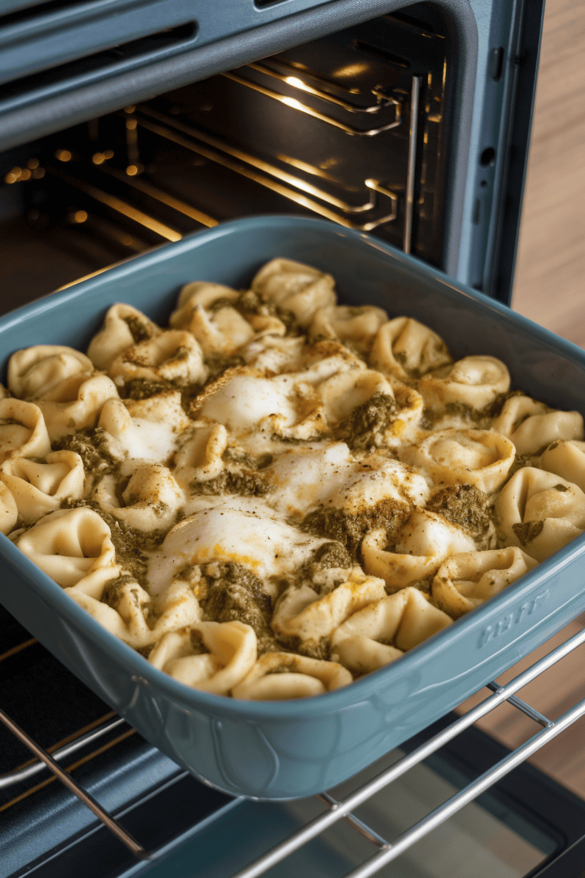 Indoor oven-side shot of a casserole dish filled with cheese tortellini coated in basil pesto and bubbling mozzarella; no text or logos.