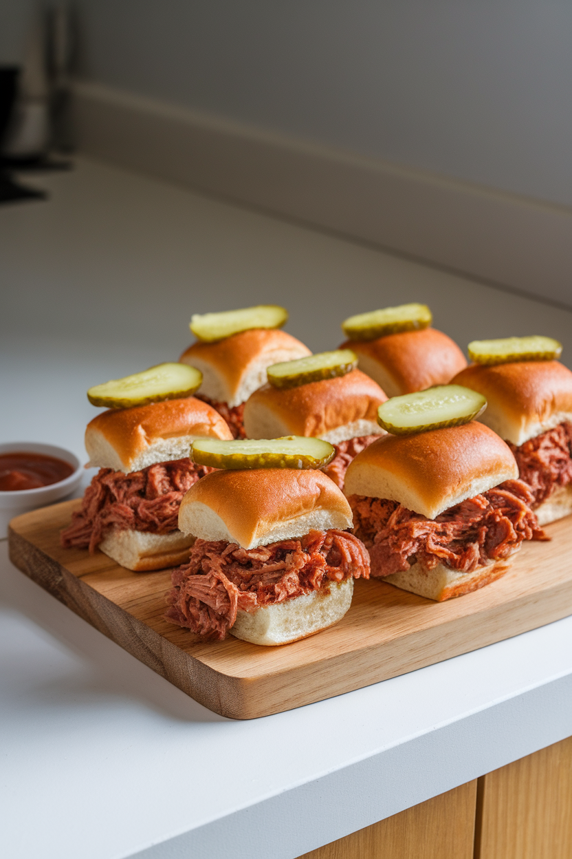 Indoor countertop with mini slider buns filled with saucy cooked pulled pork, pickle chips on top, no text or logos.