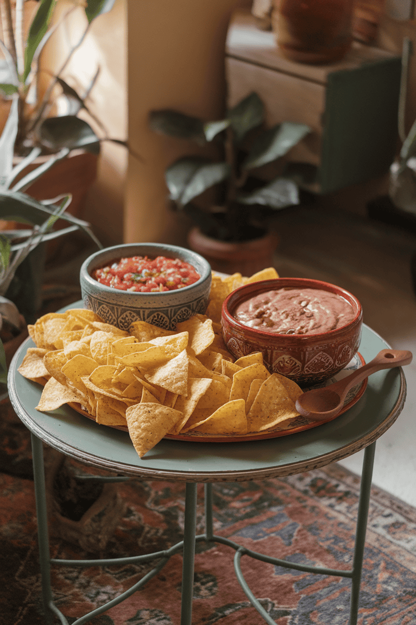 A cozy indoor table with two ceramic bowls—one filled with chunky red salsa, the other with refried bean dip—surrounded by a heap of yellow tortilla chips. No logos, no text, photo style.