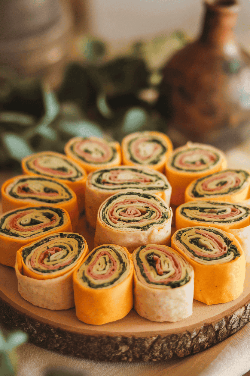 Indoor platter of colorful tortilla pinwheels showing turkey, cheese, and spinach spirals, sliced neatly. Warm lighting, no text or logos, photo only.
