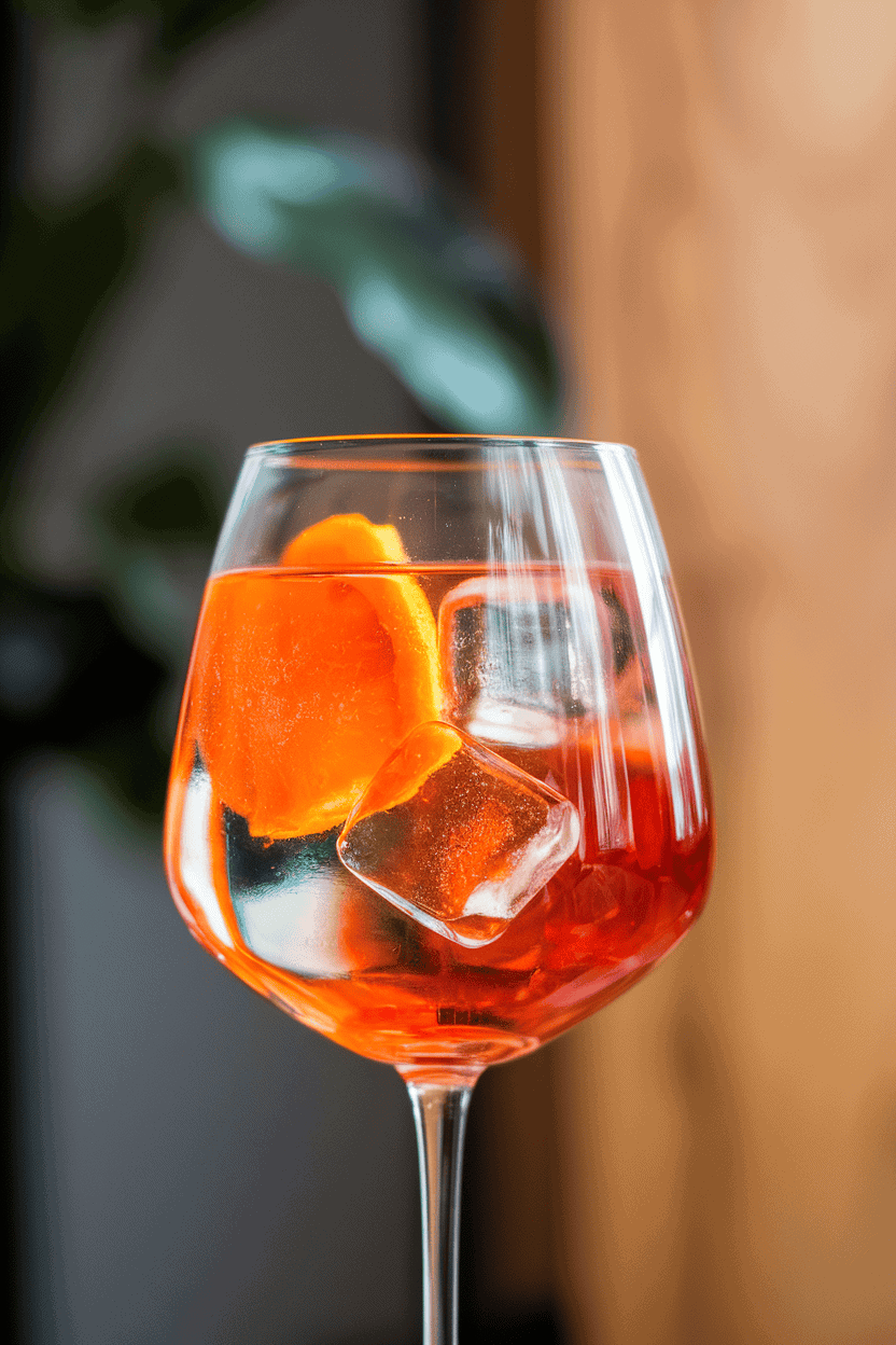 Photo, indoors, a stemmed wine glass with vivid orange Aperol spritz, large ice cubes and an orange half-moon inside, gentle sparkle visible. No text or logos.