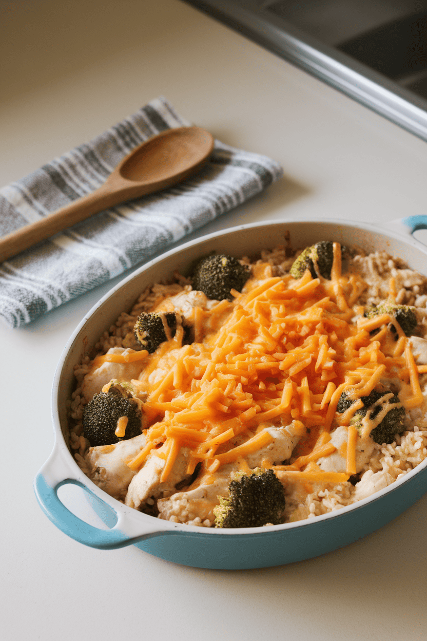 Photo of an indoor kitchen counter with a shallow casserole of creamy chicken, broccoli florets, and rice topped with melted cheddar. A wooden spoon rests on a folded towel beside the dish; no text or logos visible.