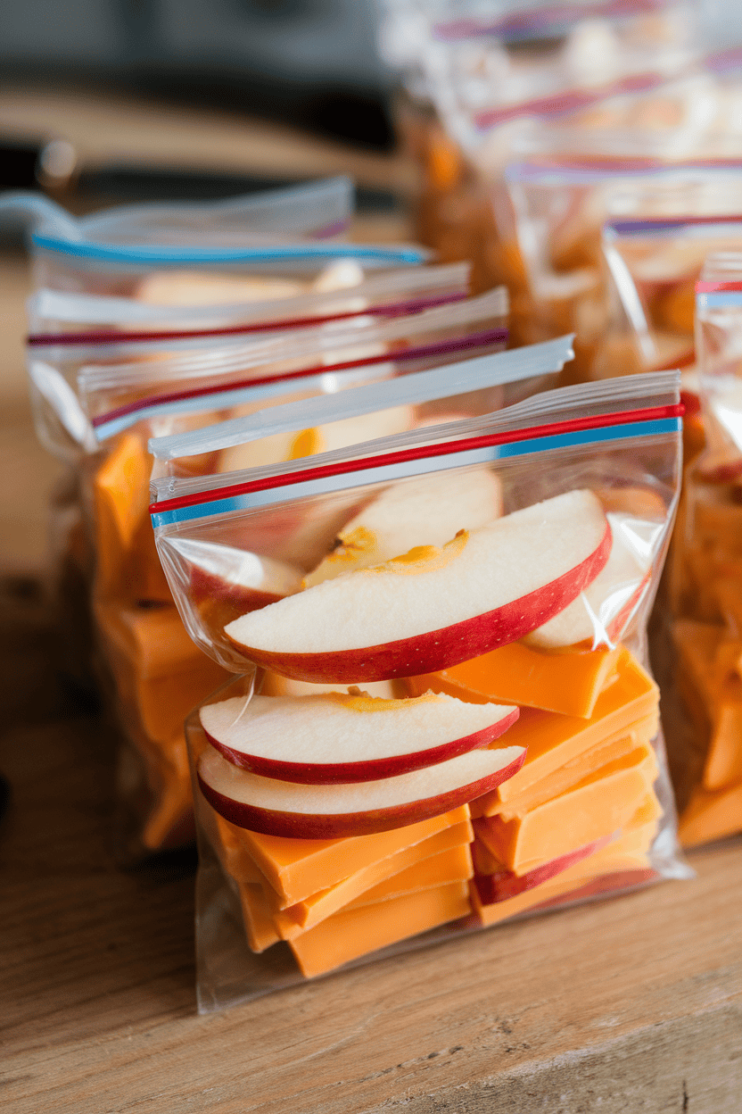 Indoor photo of snack-size zipper bags holding alternating stacks of fresh apple slices and mild cheddar squares. Diffused daylight, no logos.