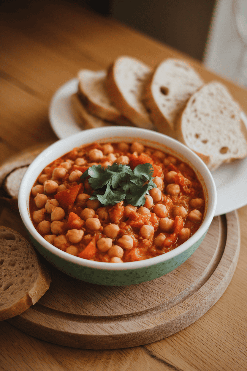 A warm indoor table featuring a bowl of thick chickpea stew with tomatoes, carrots, and a sprinkle of cilantro. No logos or text visible.