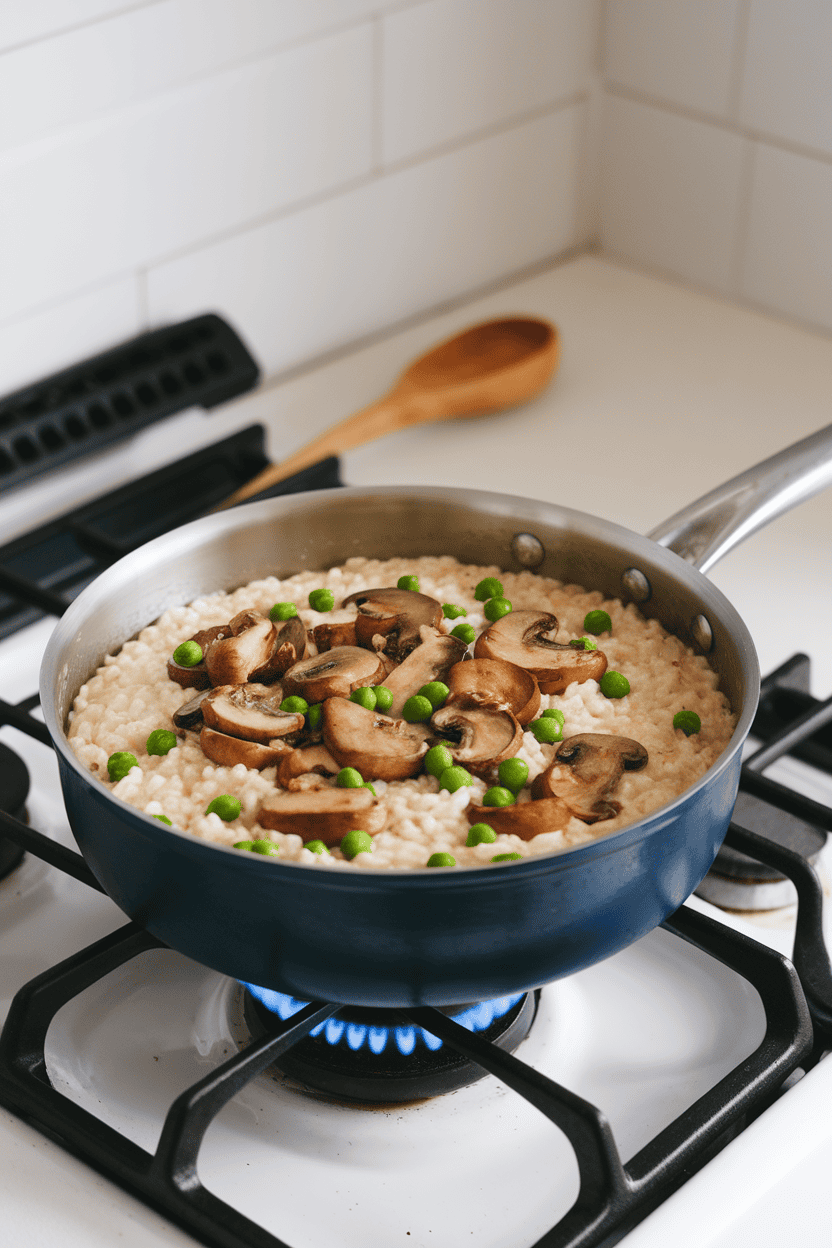Indoor stovetop shot of a saucepan containing creamy risotto dotted with sautéed mushrooms and bright green peas; no text or logos on utensils.