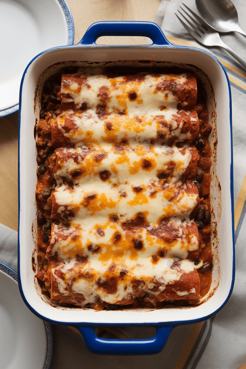 An indoor dining table with a ceramic baking dish of saucy beef and black-bean enchiladas, cheese melted and lightly browned on top; photo, no text or logos.