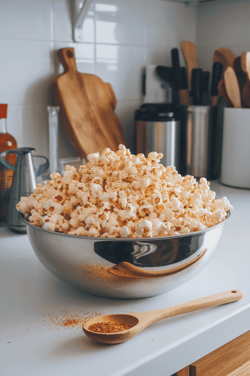 An indoor kitchen counter with a large stainless bowl of freshly popped popcorn dusted with Old Bay seasoning, a wooden spoon resting nearby. No logos or text in the scene.