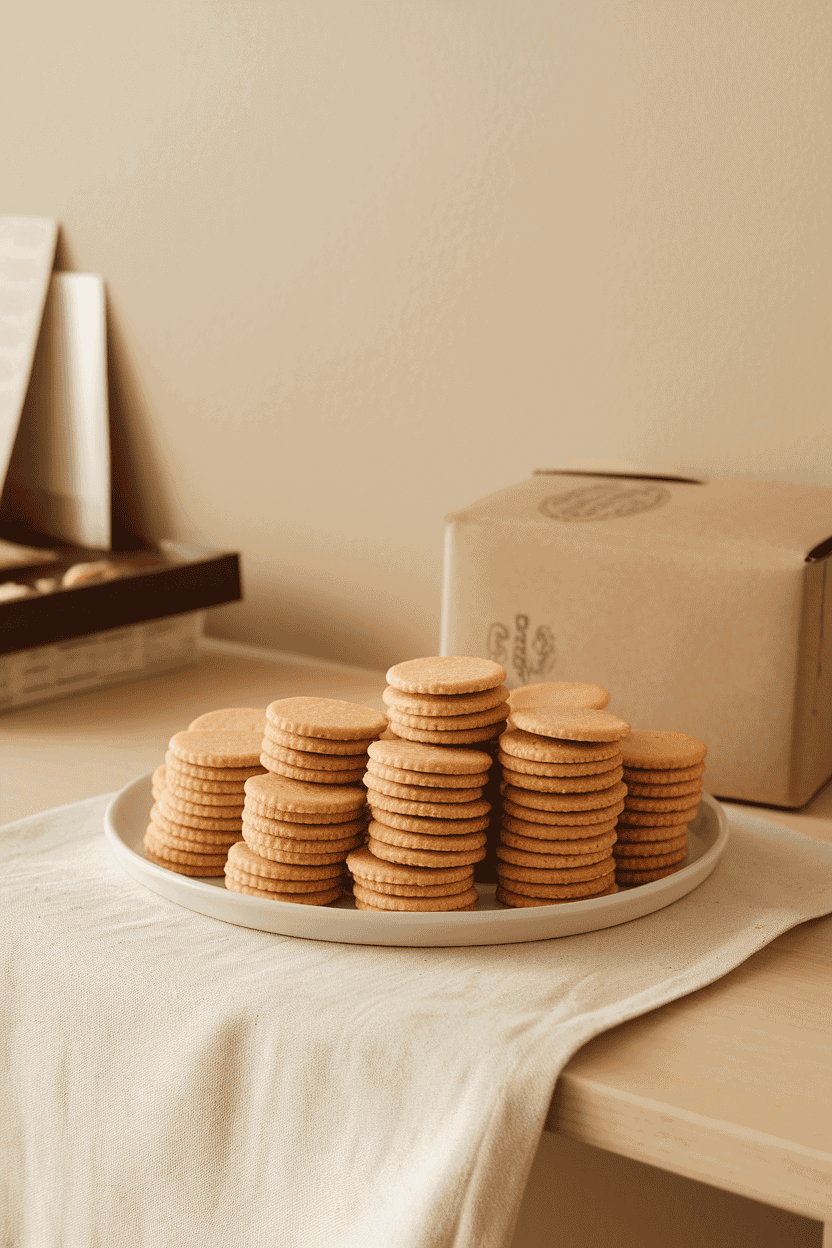 An indoor snack table with a simple white plate stacked neatly with round peanut butter sandwich crackers. Even lighting, no text or logos visible, photo only.