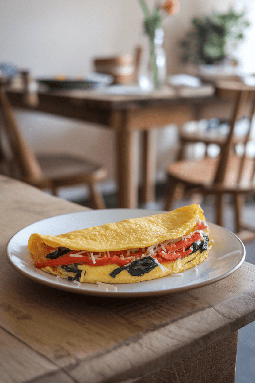 An indoor breakfast nook with a folded omelet stuffed with sautéed bell peppers, spinach, and shredded cheese on a simple white plate. Photo only; no text or logos visible.