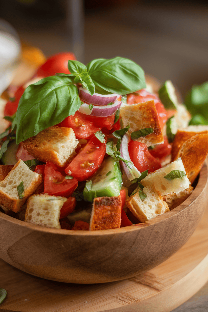 Indoor bowl featuring cubes of toasted bread mixed with tomato chunks, cucumber, red onion, and basil, all glistening with vinaigrette. Photo only, no text or logos.