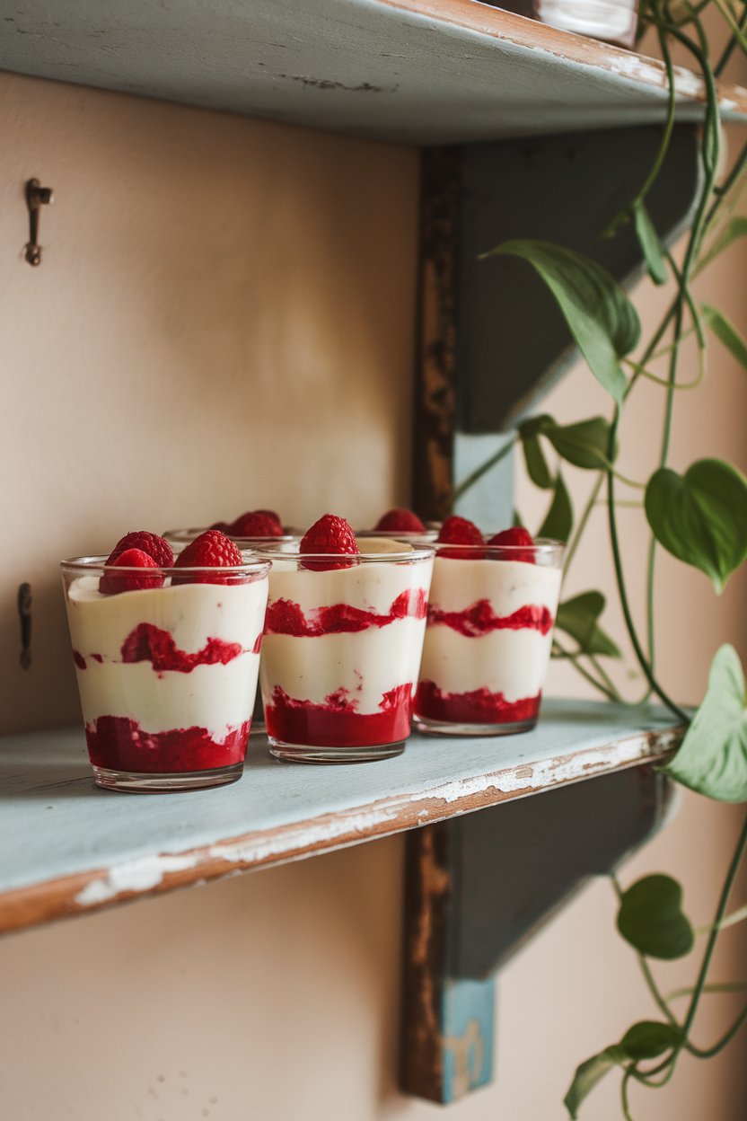 Individual glass cups with layered no-bake cheesecake filling and raspberry sauce on an indoor shelf. Photo, no text or logos.