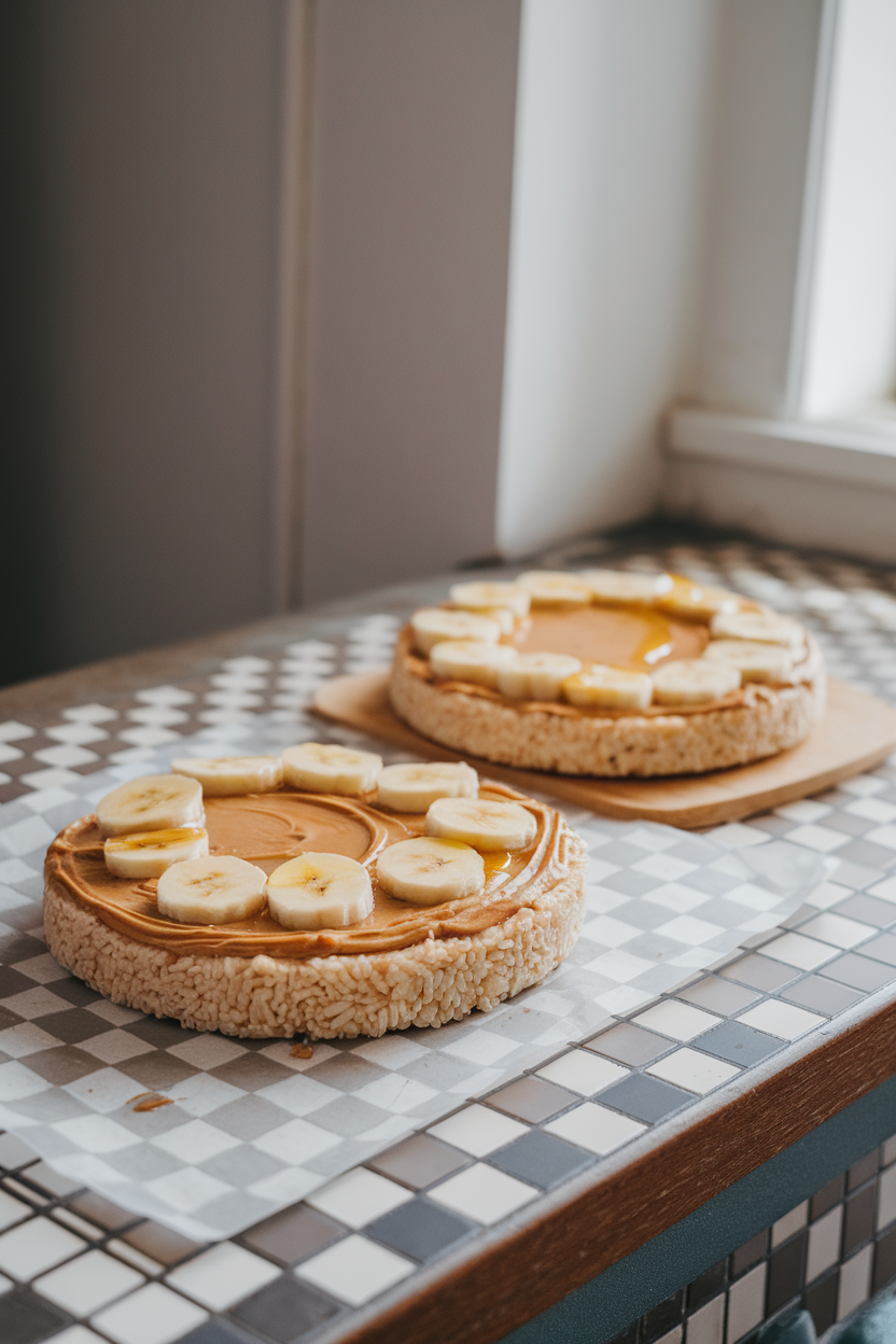 An indoor kitchen table showing two rice cakes spread with creamy peanut butter and topped with banana slices and a light drizzle of honey, no text or logos, photograph only.