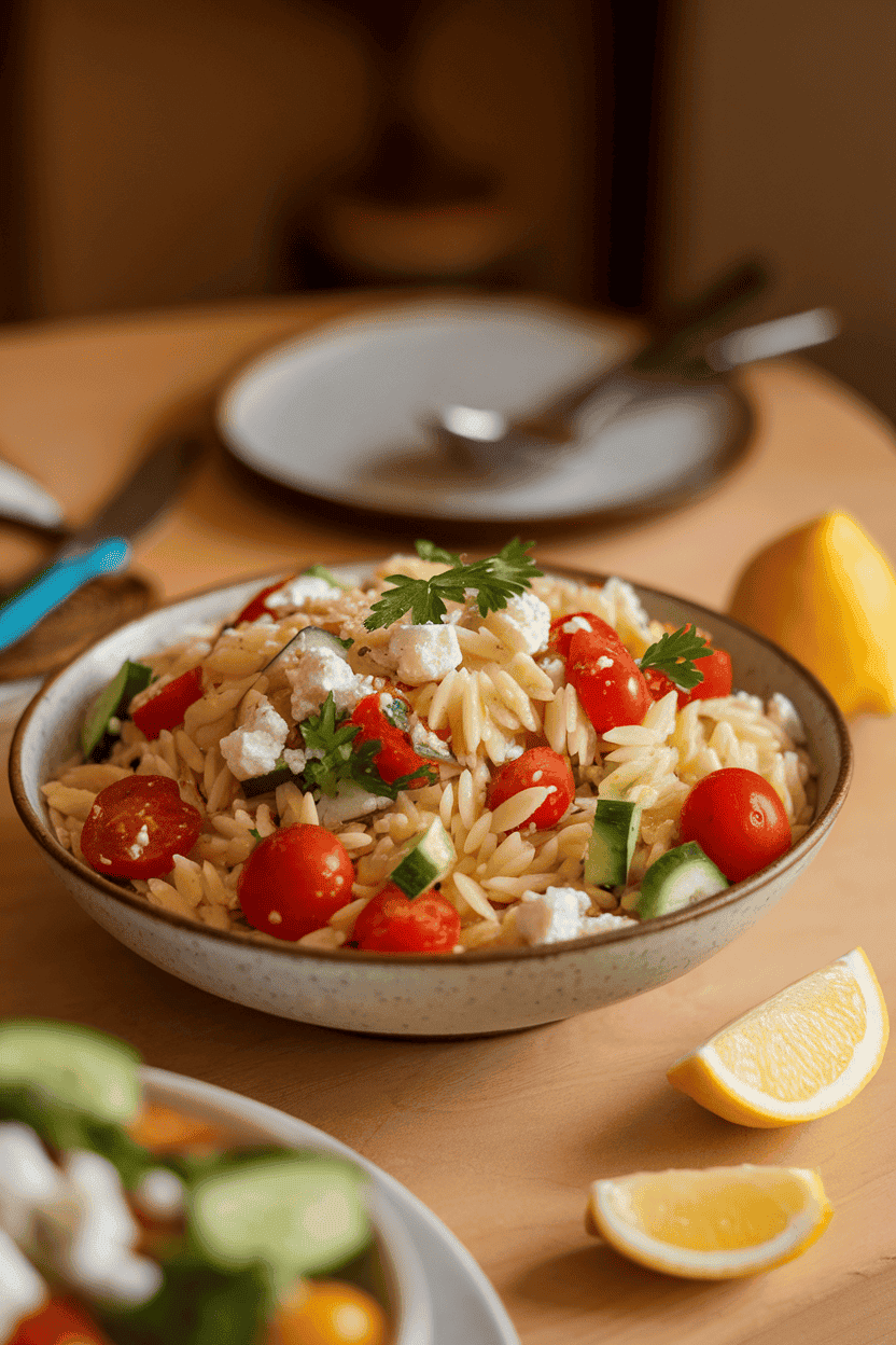 Warm indoor table holding a serving bowl of orzo pasta mixed with cherry tomatoes, cucumbers, parsley, and crumbled feta, lemon wedges nearby. No text or logos visible.