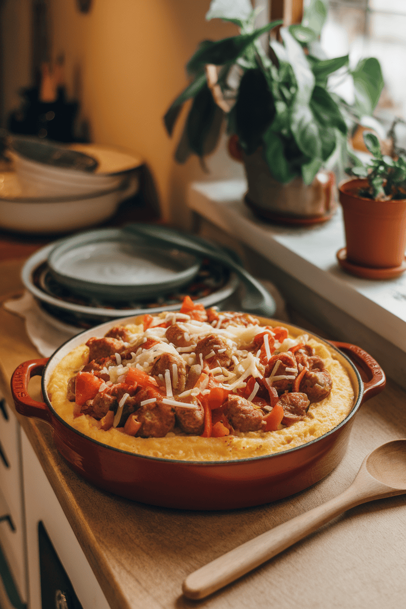 Photo of a cozy indoor counter with a casserole of creamy polenta topped by sautéed Italian sausage, bell peppers, and onions, cheese lightly melted. No text or logos present.