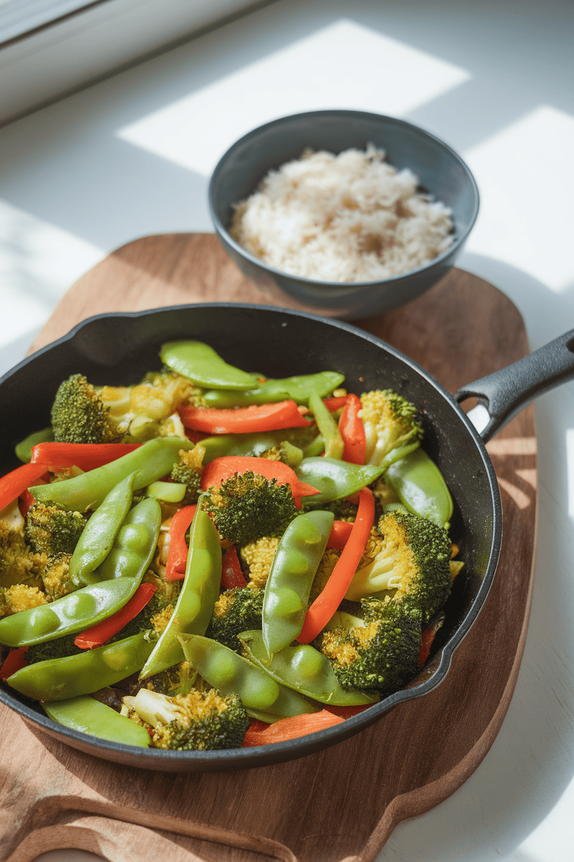 Indoor kitchen setting with a skillet of bright stir-fried broccoli, bell peppers, and snap peas coated in light sauce, served beside a bowl of steamed rice. No logos or text, natural indoor light. Photo only.