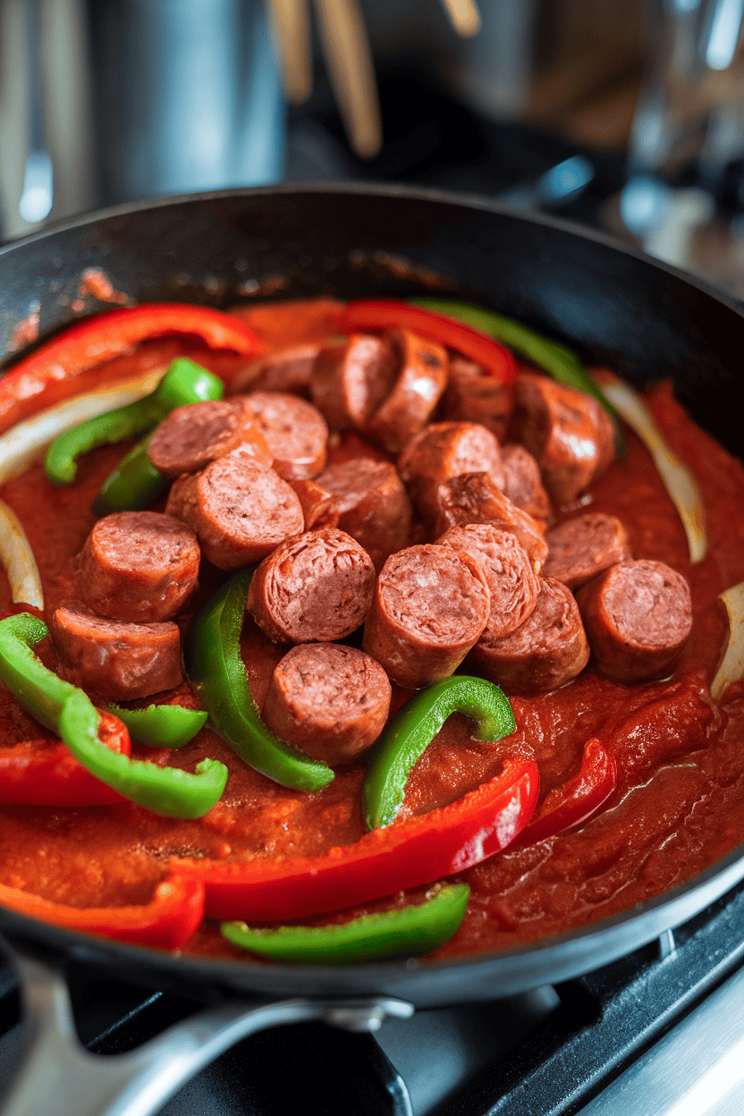 An indoor stovetop view of a skillet holding sliced cooked sausage, red and green bell peppers, and onion strips glistening in tomato sauce. No text or logos.