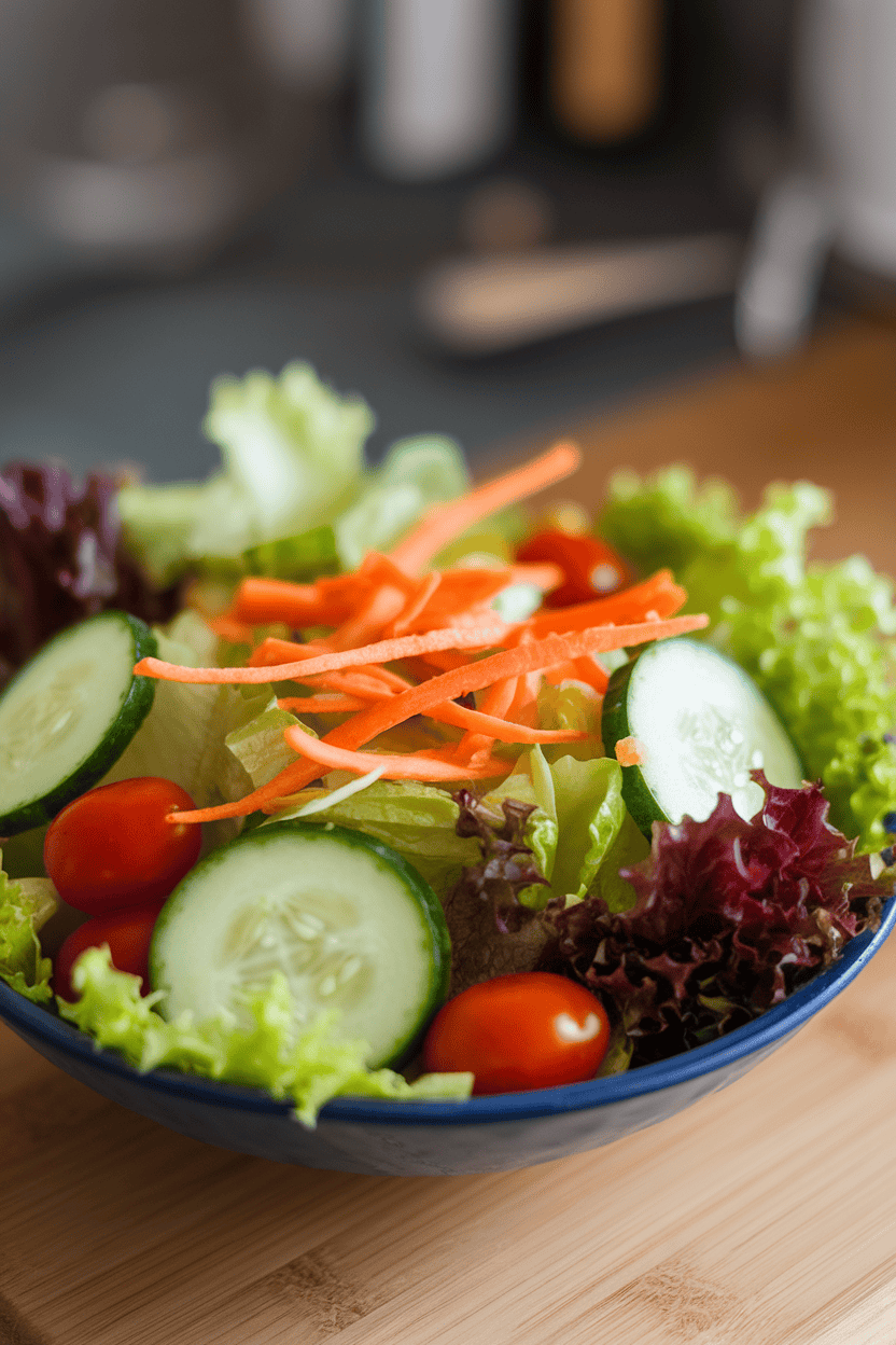 Indoor bowl of mixed lettuce leaves, cucumber rounds, cherry tomatoes, and thin carrot ribbons lightly glistening with vinaigrette. Photo only, no text or logos.