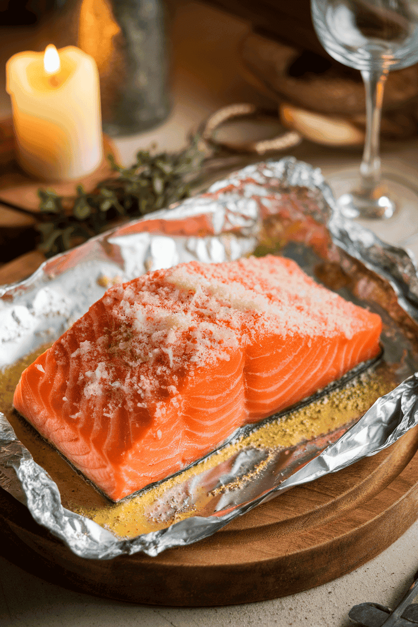 Warm indoor photo of a cooked salmon fillet slathered in garlic butter and sprinkled with grated Parmesan, resting on foil. No text or logos present.