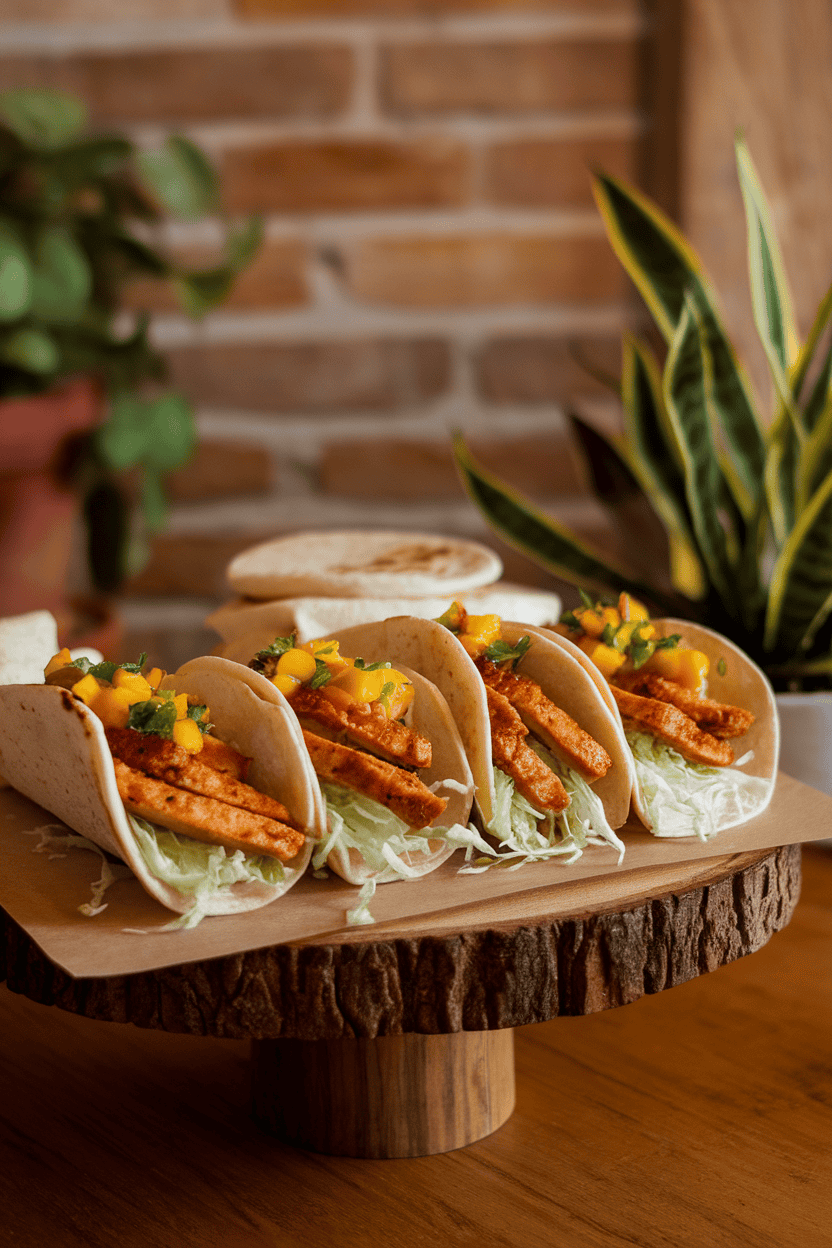 Indoor photo of soft tortillas filled with jerk-spiced chicken strips, shredded cabbage, and a dollop of mango salsa, arranged on a serving board. Warm lighting; no text or logos anywhere.